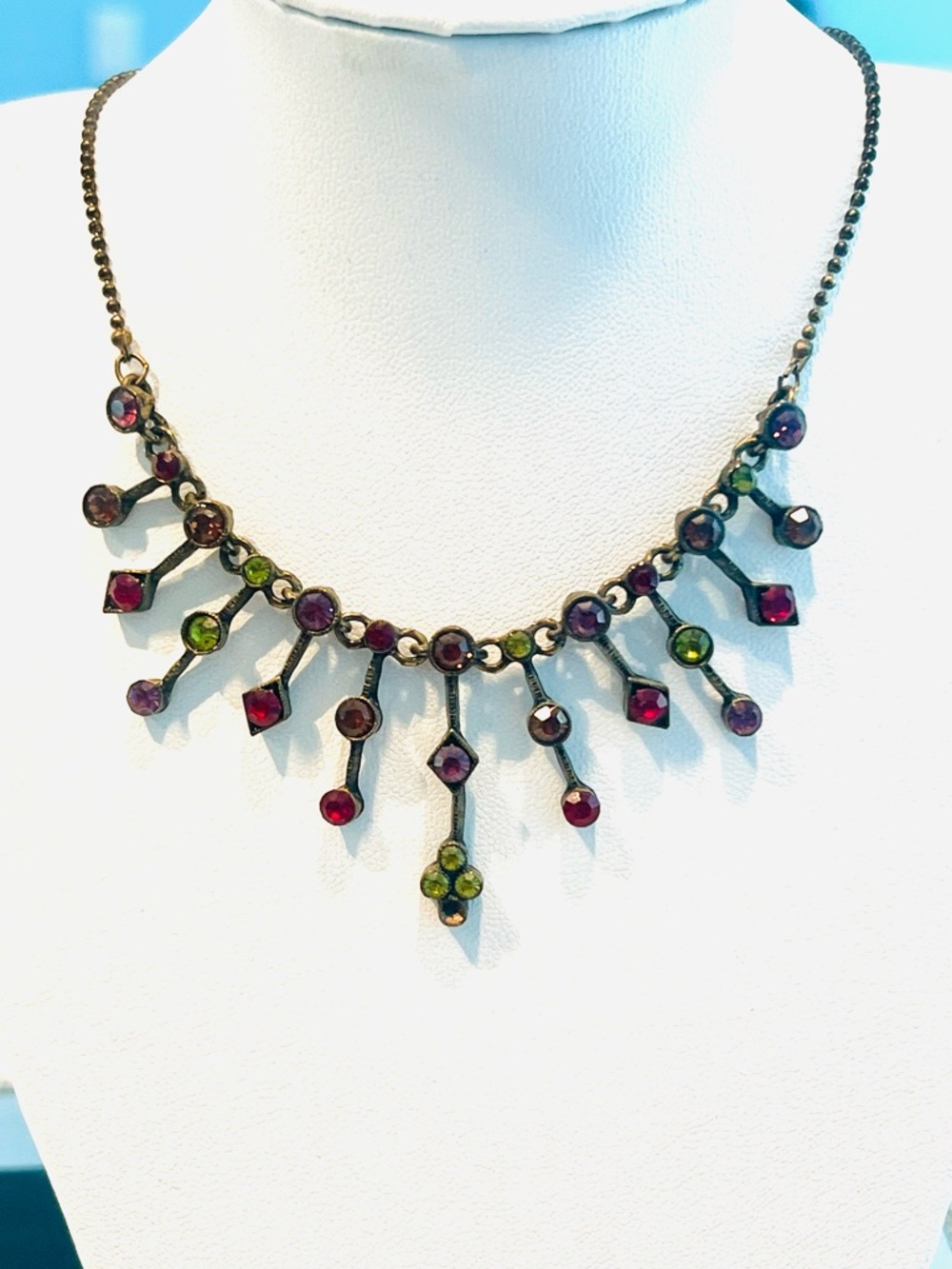 Crystal Copper Red, Purple, Brown and Green Gem Fringe Necklace and Earrings